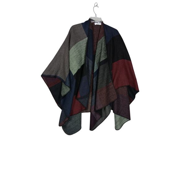 Just Fab Wrap/Poncho Colorblock Blue Black Burgundy One Size Fits Most Knit - Picture 3 of 6